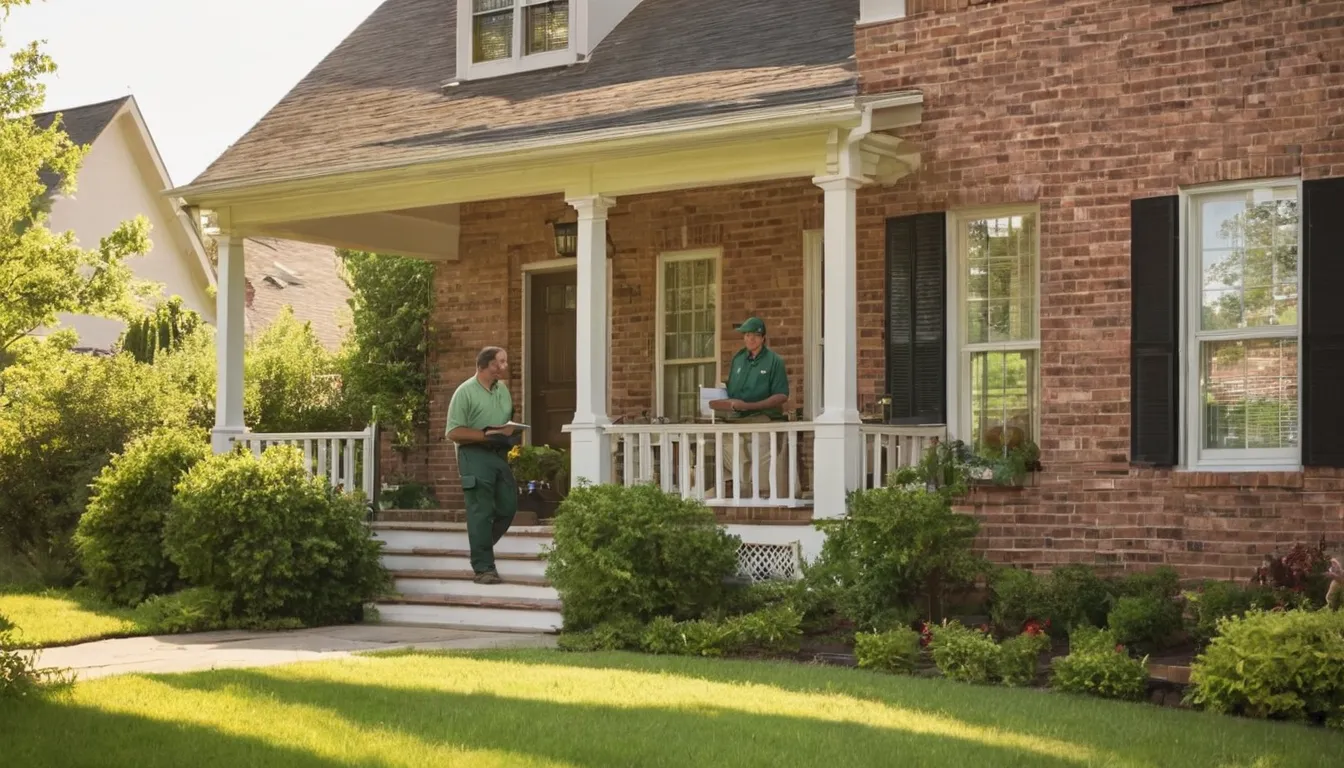 A friendly provider talking with a homeowner at the front door of a brick house in Johns Creek